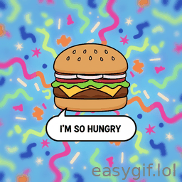 AI-generated animated GIF: burger emoji says Im so hungry crazy background