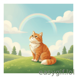 AI-generated animated GIF: cat dancing under a rainbow