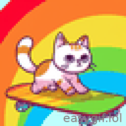 AI-generated animated GIF: cat riding a skateboard rainbow background