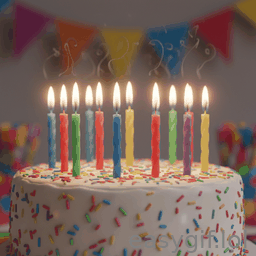 AI-generated animated GIF: colorful birthday cake candles flicker