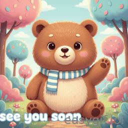 AI-generated animated GIF: cute bear waves text says see you soon
