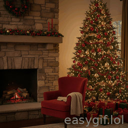 AI-generated animated GIF: fire in fireplace xmas tree and presents