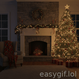 AI-generated animated GIF: fire in fireplace xmas tree fixed scene