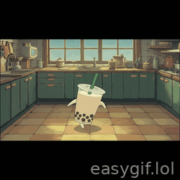 AI-generated animated GIF: Ghibli style one boba cup dancing in kitchen
