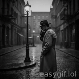 AI-generated animated GIF: man smokes in the rain movie noir style