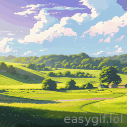 AI-generated animated GIF: pastoral landscape glitch art