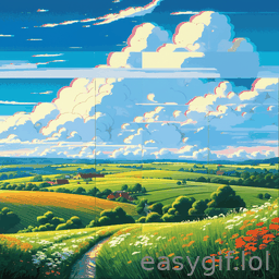 AI-generated animated GIF: pastoral landscape glitch art