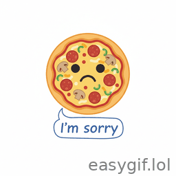 AI-generated animated GIF: pizza emoji says Im sorry tears white background
