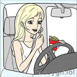 AI-generated animated GIF: smiling blond girl driving 4x4 eating fries draw