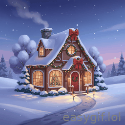 AI-generated animated GIF: snow falling slowly over cute house xmas time