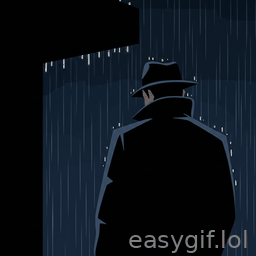 AI-generated animated GIF: Spy waiting under the rain dark film noir style