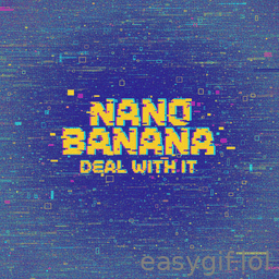 AI-generated animated GIF: Text nano banana deal with it glitch art bg