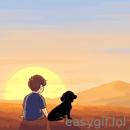 AI-generated animated GIF: un garcon et couché de soleil avec un teckel